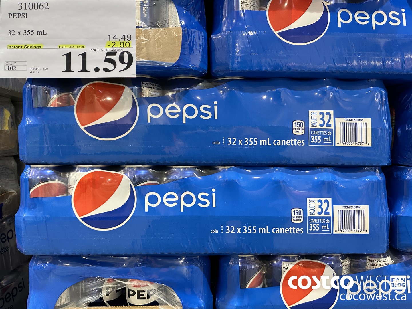 310062 PEPSI 32 X 355 ML ($2.90 INSTANT SAVINGS EXPIRES ON 2023-12-26) $11.59