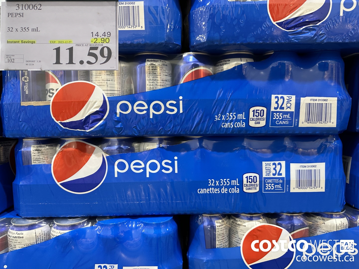 310062 PEPSI 32 X 355 ML ($2.90 INSTANT SAVINGS EXPIRES ON 2023-12-27) $11.59