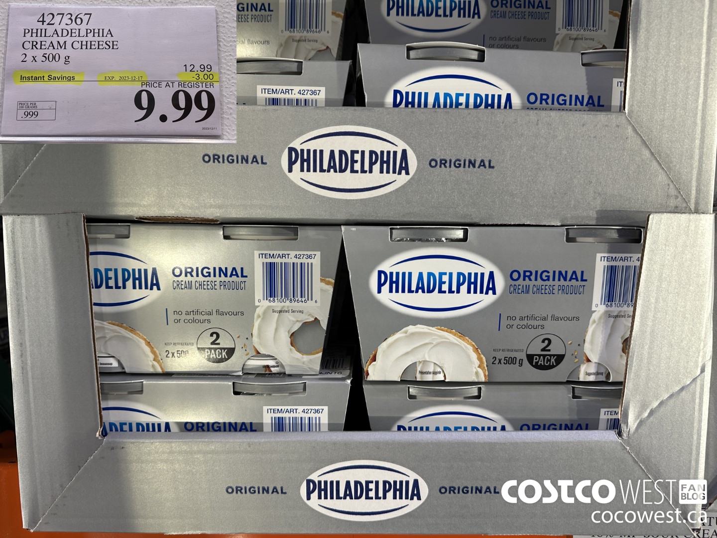 427367 PHILADELPHIA CREAM CHEESE 2 x 500 g ($3.00 INSTANT SAVINGS EXPIRES ON 2023-12-17) $9.99