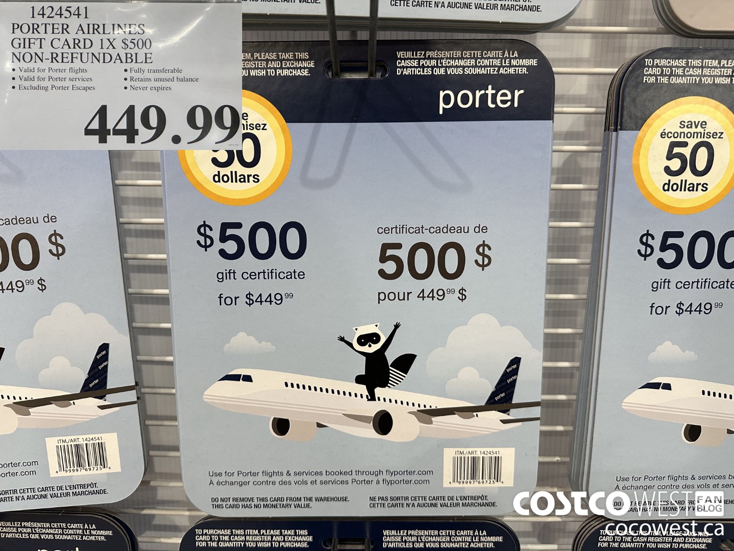 1424541 PORTER AIRLINES GIFT CARD 1X $500 NON-REFUNDABLE $449.99