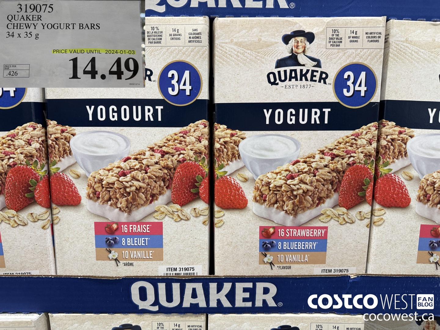 319075 QUAKER CHEWY YOGURT BARS 34 X 35 G (EXPIRES ON 2024-01-03) $14.49