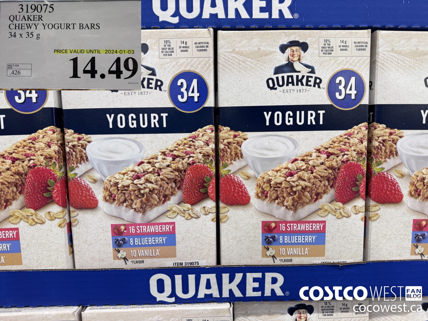 319075 QUAKER CHEWY YOGURT BARS 34 X 35 G (EXPIRES ON 2024-01-03) $14.49