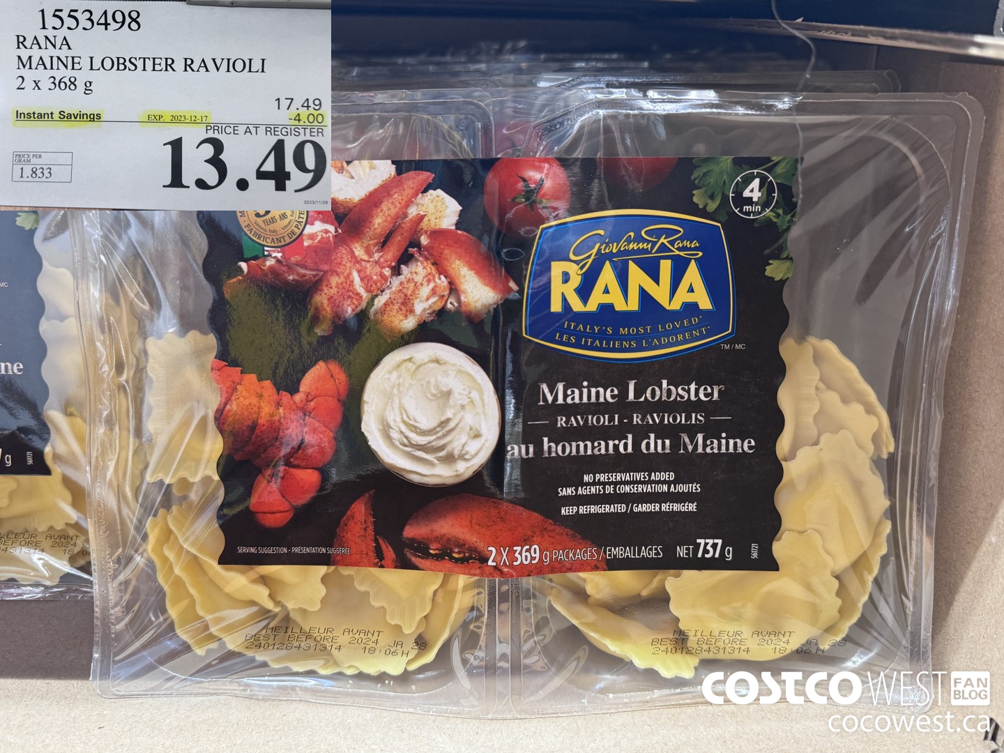 1553498 RANA MAINE LOBSTER RAVIOLI 2 X 368 G ($4.00 INSTANT SAVINGS EXPIRES ON 2023-12-17) $13.49