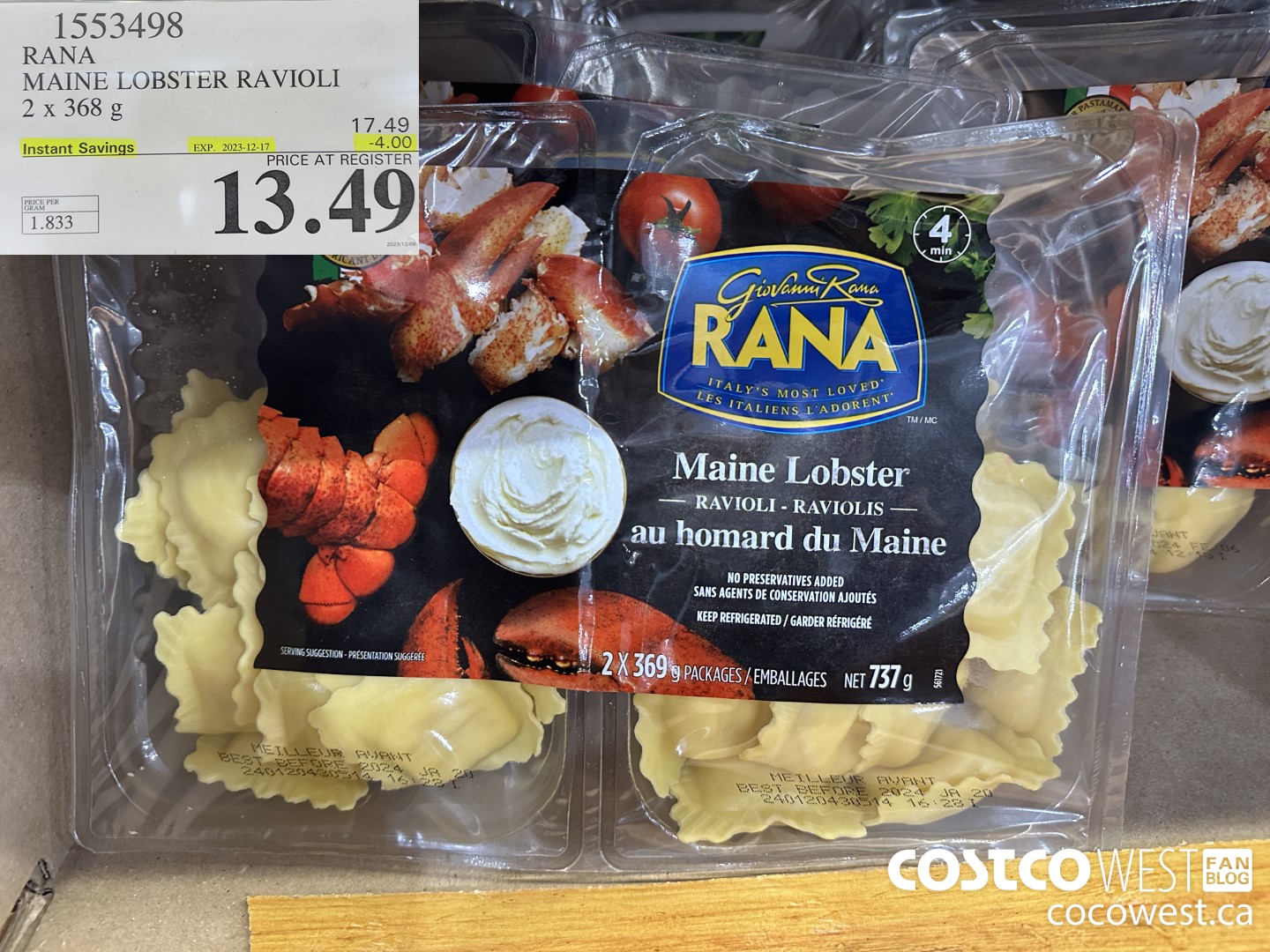 1553498 RANA MAINE LOBSTER RAVIOLI 2 X 368 G ($4.00 INSTANT SAVINGS EXPIRES ON 2023-12-17) $13.49