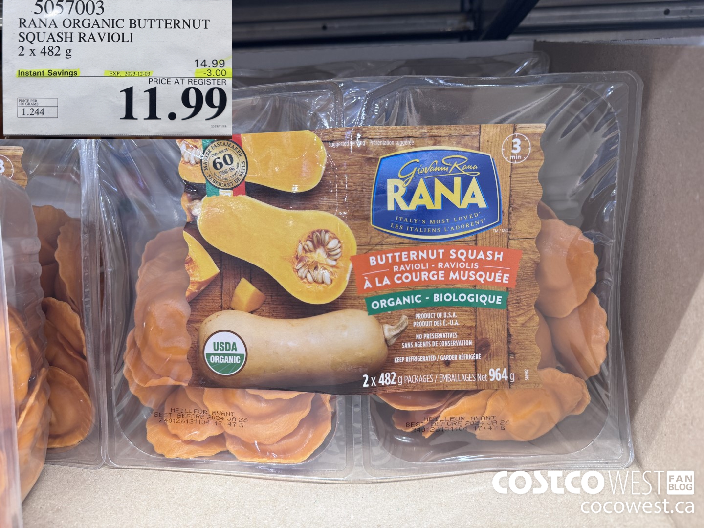 5057003 RANA ORGANIC BUTTERNUT SQUASH RAVIOLI 2 x 482 g ($3.00 INSTANT SAVINGS EXPIRES ON 2023-12-03) $11.99