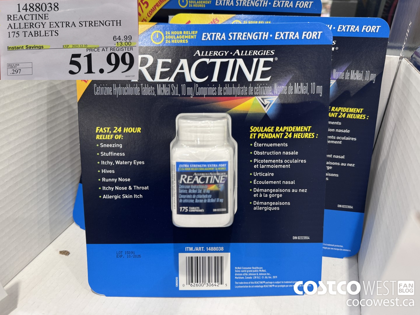 1488038 REACTINE ALLERGY EXTRA STRENGTH 175 TABLETS ($13.00 INSTANT SAVINGS EXPIRES ON 2023-12-10) $51.99