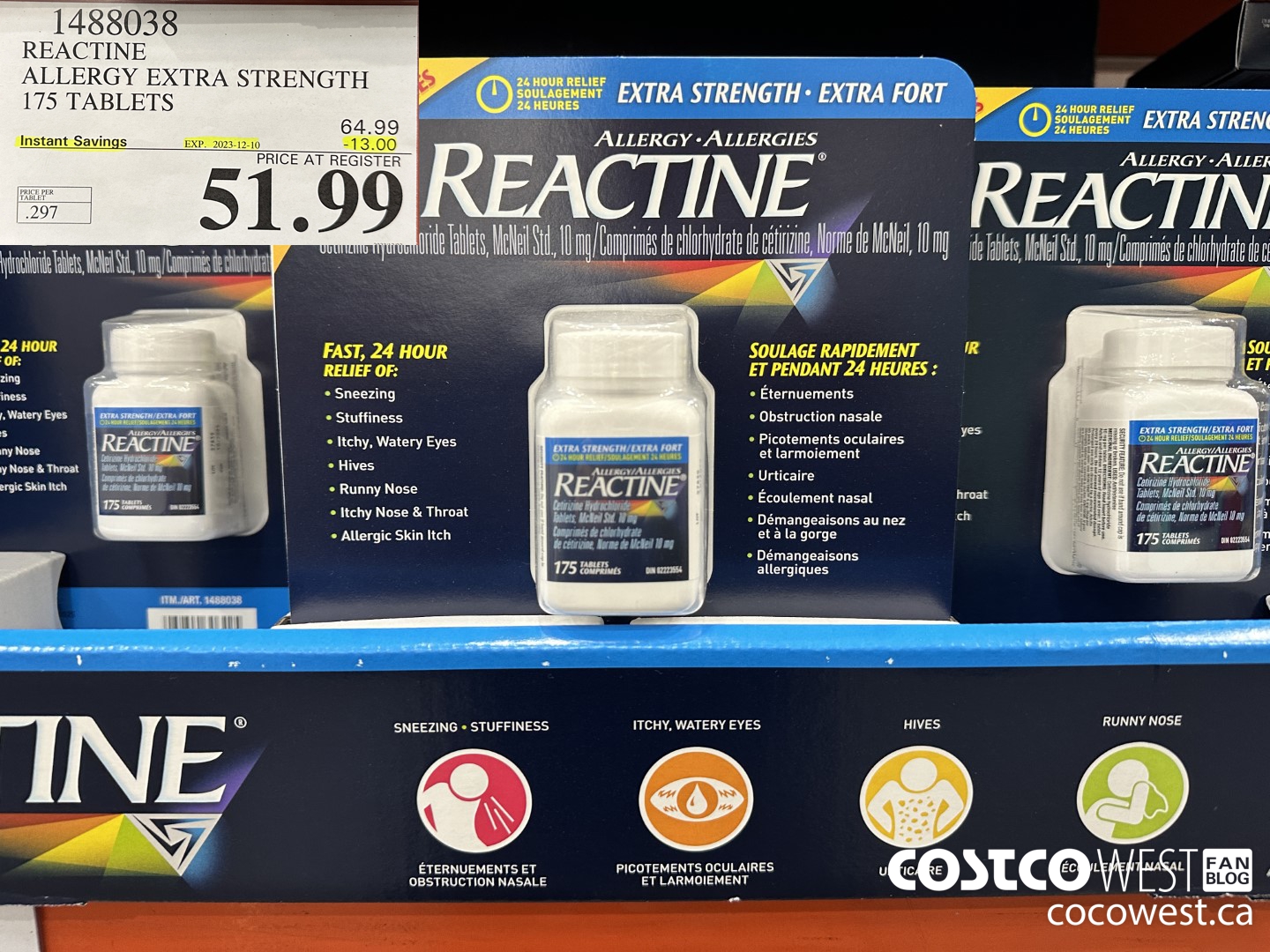 1488038 REACTINE ALLERGY EXTRA STRENGTH 175 TABLETS ($13.00 INSTANT SAVINGS EXPIRES ON 2023-12-10) $51.99