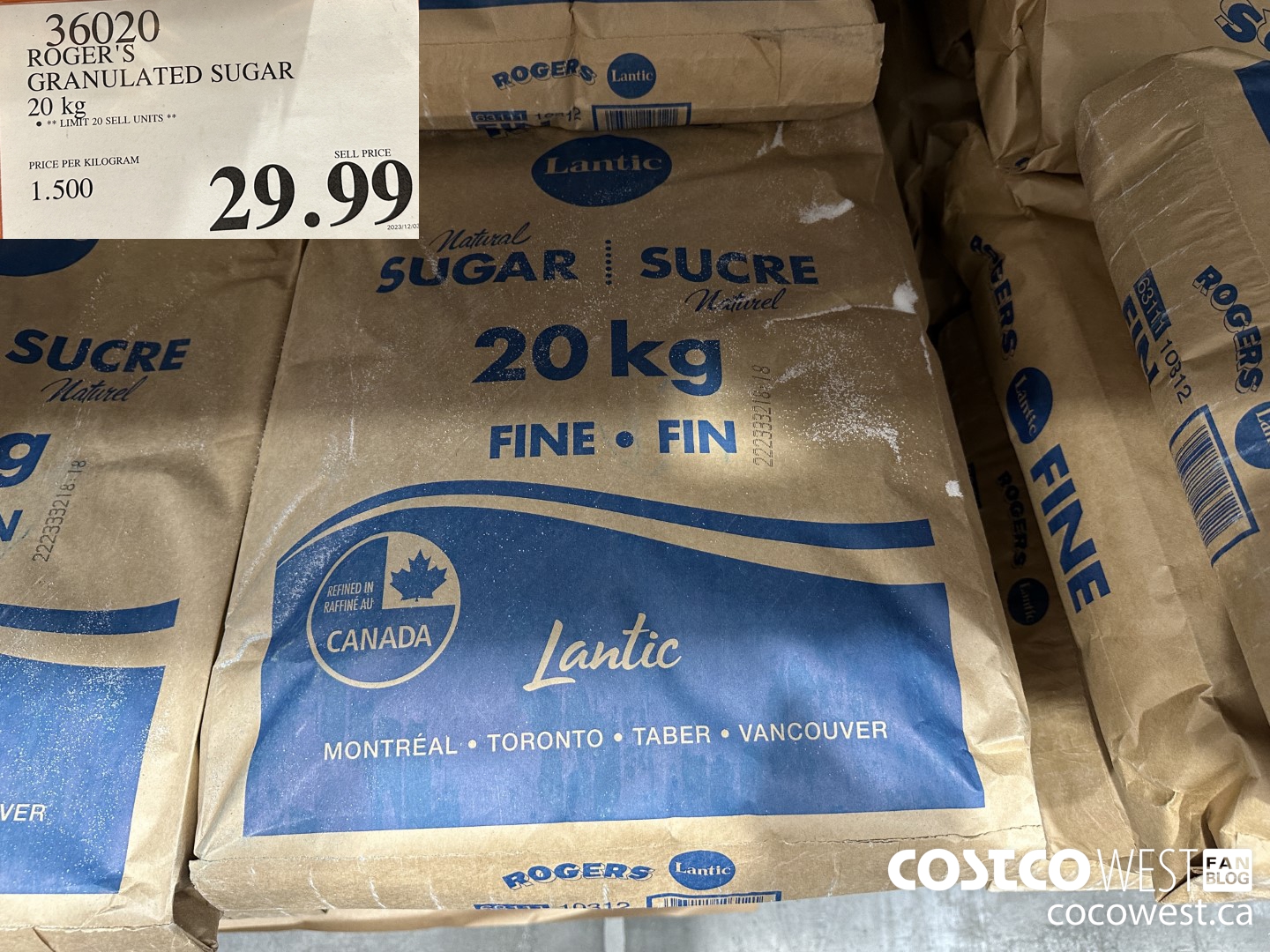 36020 ROGERS GRANULATED SUGAR 20 kg $29.99