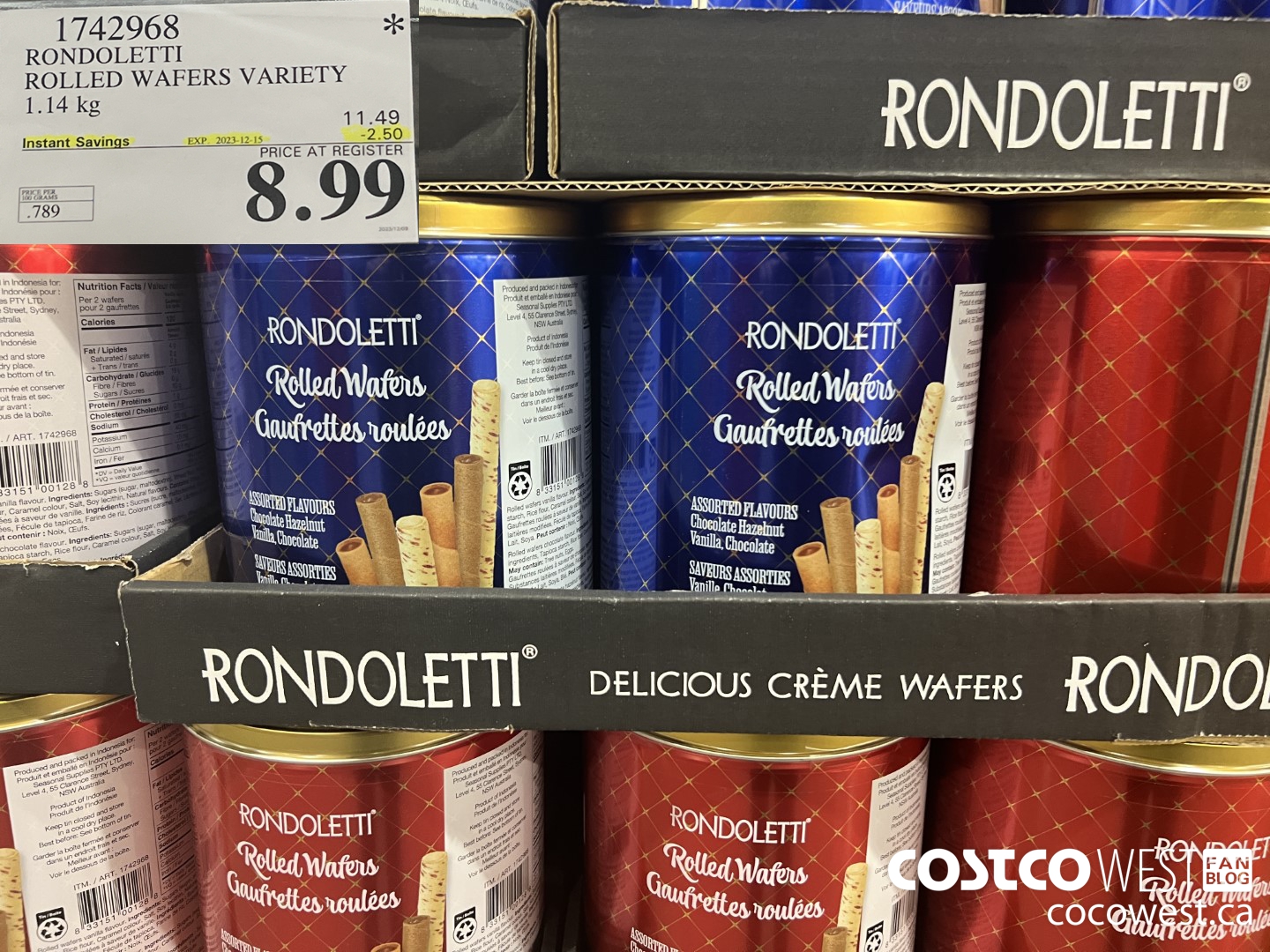 1742968 RONDOLETTI ROLLED WAFERS VARIETY 1.14KG ($2.50 INSTANT SAVINGS EXPIRES ON 2023-12-15) $8.99