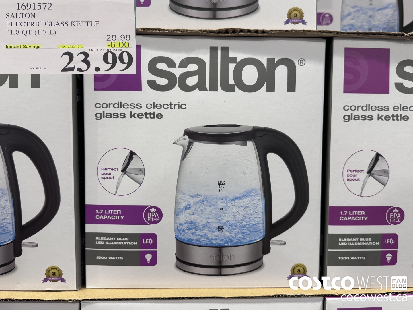1691572 SALTON CORDLESS ELECTRIC GLASS KETTLE 1.7L (1.8 QT) ($6.00 INSTANT SAVINGS EXPIRES ON 2023-12-03) $23.99