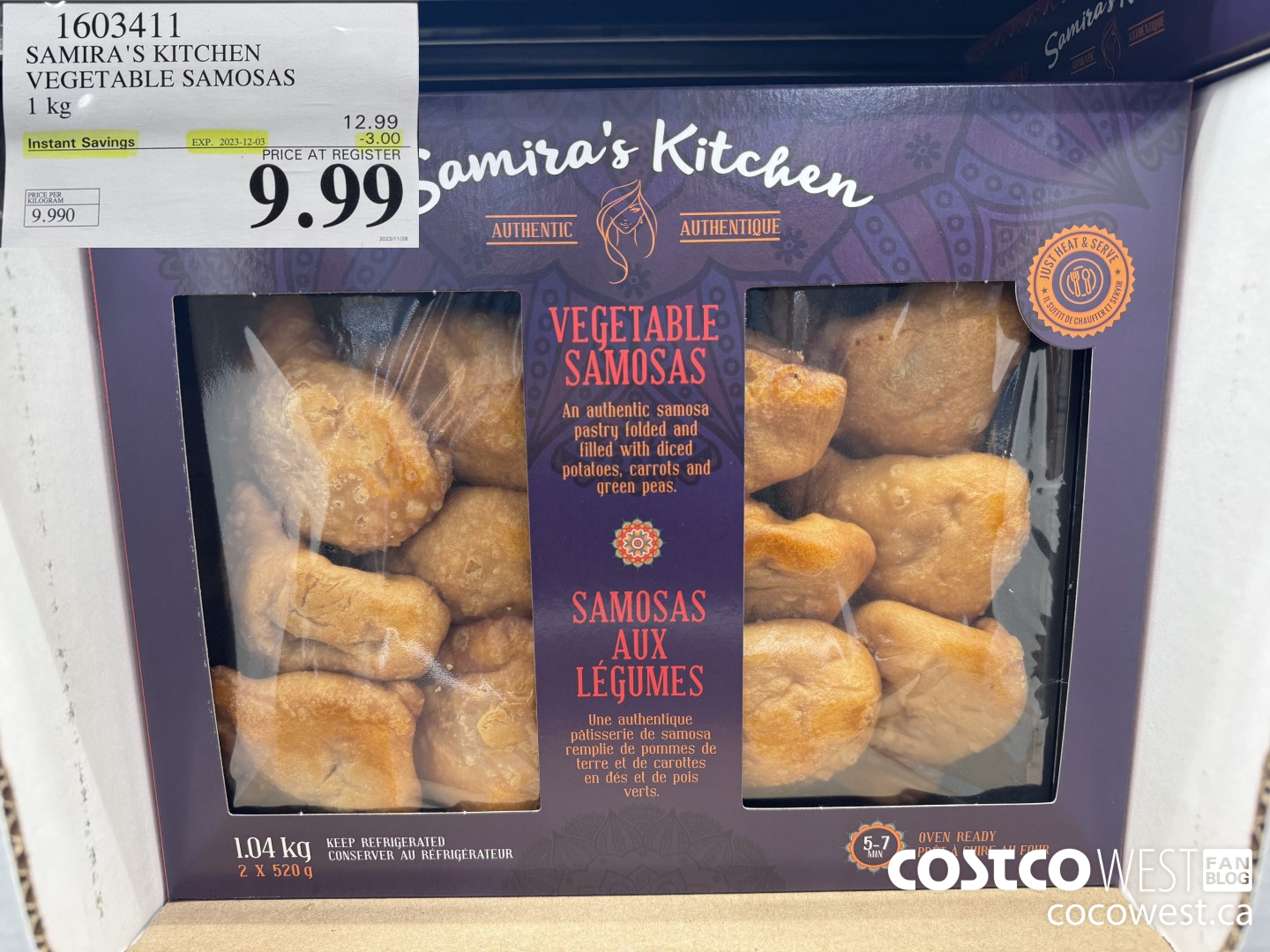 1603411 SAMIRA'S KITCHEN VEGETABLE SAMOSAS 1 KG ($3.00 INSTANT SAVINGS EXPIRES ON 2023-12-03) $9.99