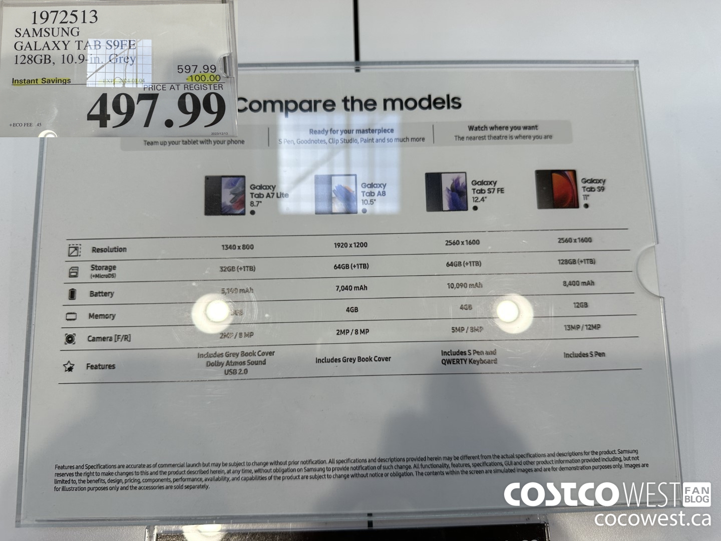 1972513 SAMSUNG GALAXY TAB S9FE 128GB, 10.9IN GREY ($100.00 INSTANT SAVINGS EXPIRES ON 2024-01-04) $497.99