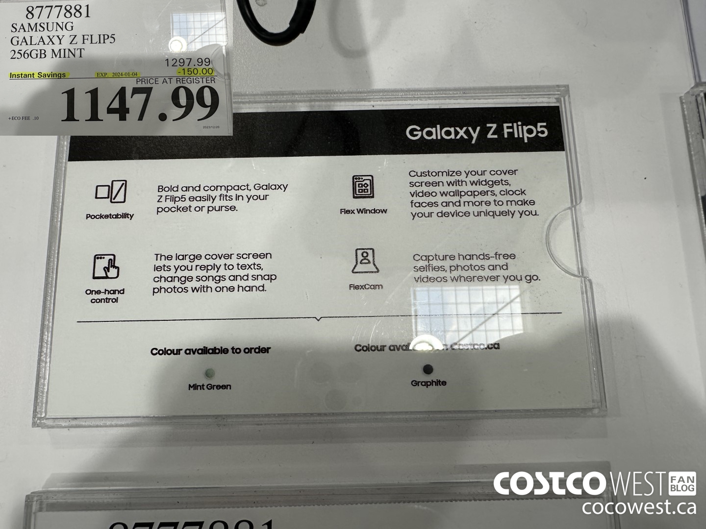 8777881 SAMSUNG GALAXY Z FLIP5 256GB MINT ($150.00 INSTANT SAVINGS EXPIRES ON 2024-01-04) $1147.99