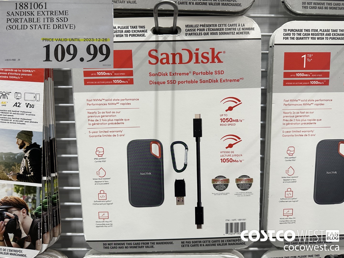 1881061 SANDISK EXTREME PORTABLE 1TB SOLID STATE DRIVE(SSD) (EXPIRES ON 2023-12-26) $109.99