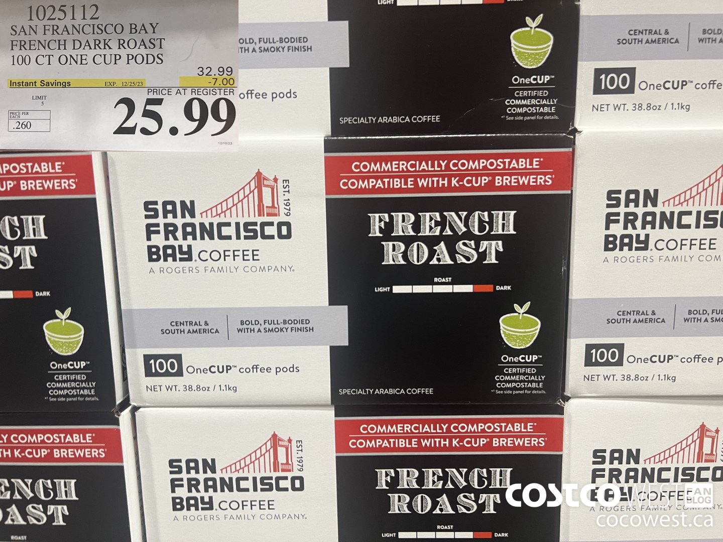 1025112 SAN FRANCISCO BAY FRENCH DARK ROAST 100 CT ONE CUP PODS ($7.00 INSTANT SAVINGS EXPIRES ON 2023-12-25) $25.99