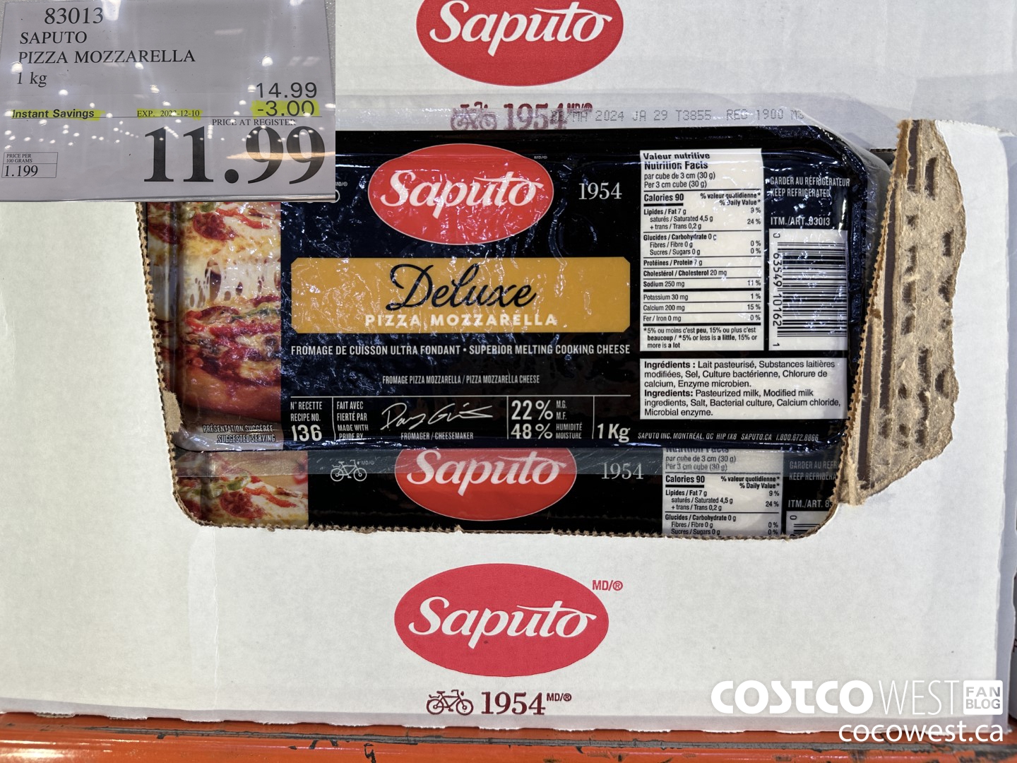 83013 SAPUTO PIZZA MOZZARELLA 1 kg ($3.00 INSTANT SAVINGS EXPIRES ON 2023-12-10) $11.99