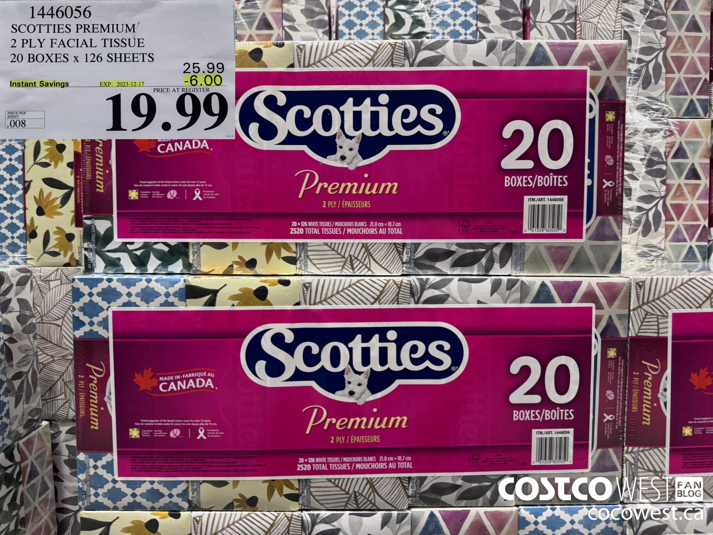 1446056 SCOTTIES PREMIUM 2 PLY FACIAL TISSUE 20 BOXES x 126 SHEETS ($6.00 INSTANT SAVINGS EXPIRES ON 2023-12-17) $19.99