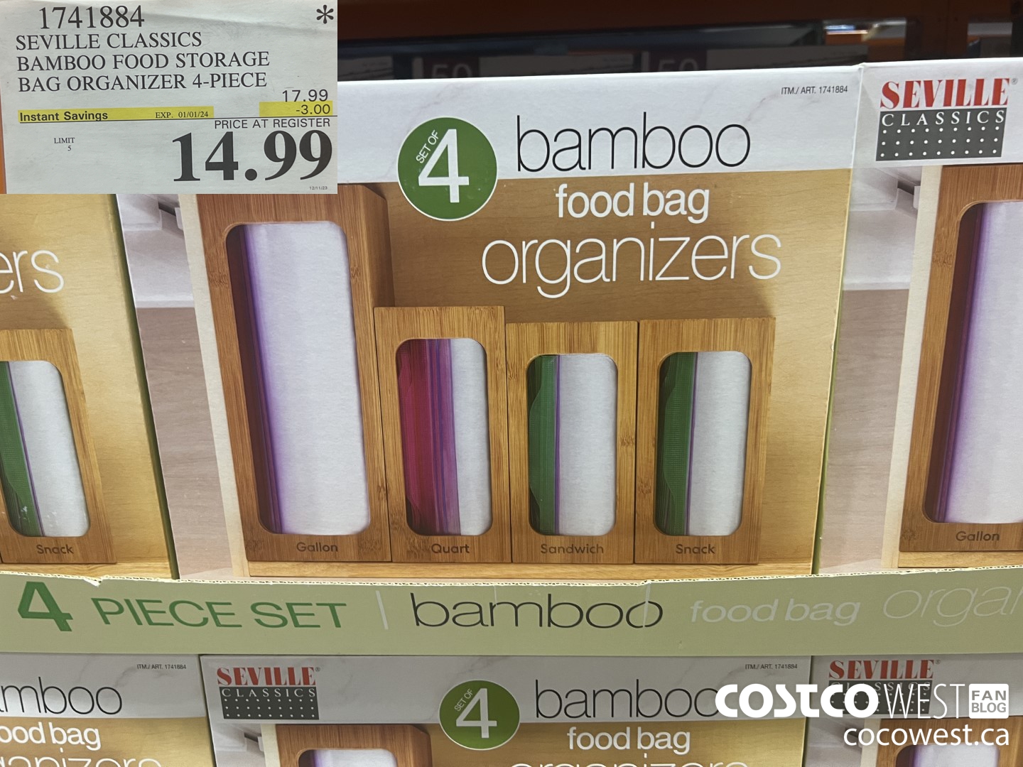 1741884 SEVILLE CLASSICS BAMBOO FOOD STORAGE BAG ORGANIZER 4-PIECE ($3.00 INSTANT SAVINGS EXPIRES ON 2024-01-01) $14.99