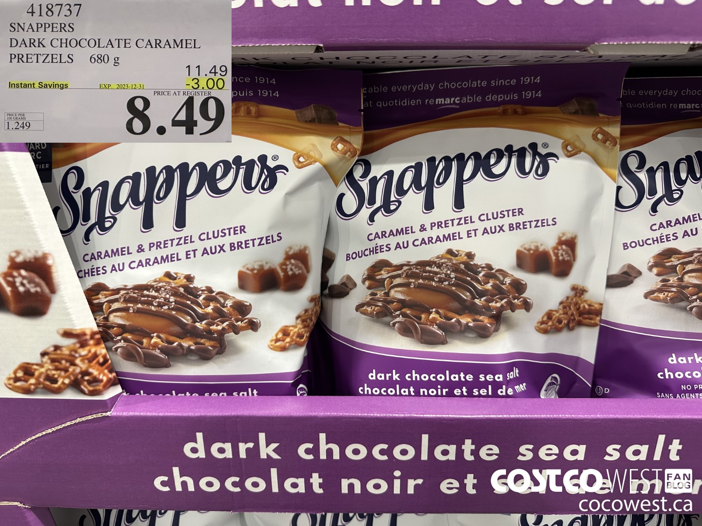 418737 SNAPPERS DARK CHOCOLATE CARAMEL PRETZELS 680 g ($3.00 INSTANT SAVINGS EXPIRES ON 2023-12-31) $8.49