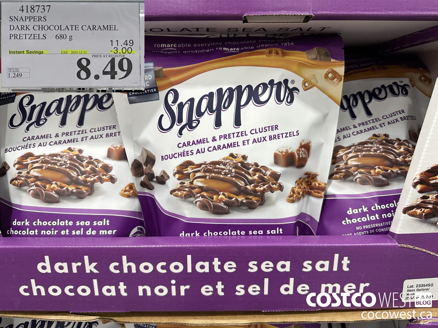 418737 SNAPPERS DARK CHOCOLATE CARAMEL PRETZELS 680 g ($3.00 INSTANT SAVINGS EXPIRES ON 2023-12-31) $8.49