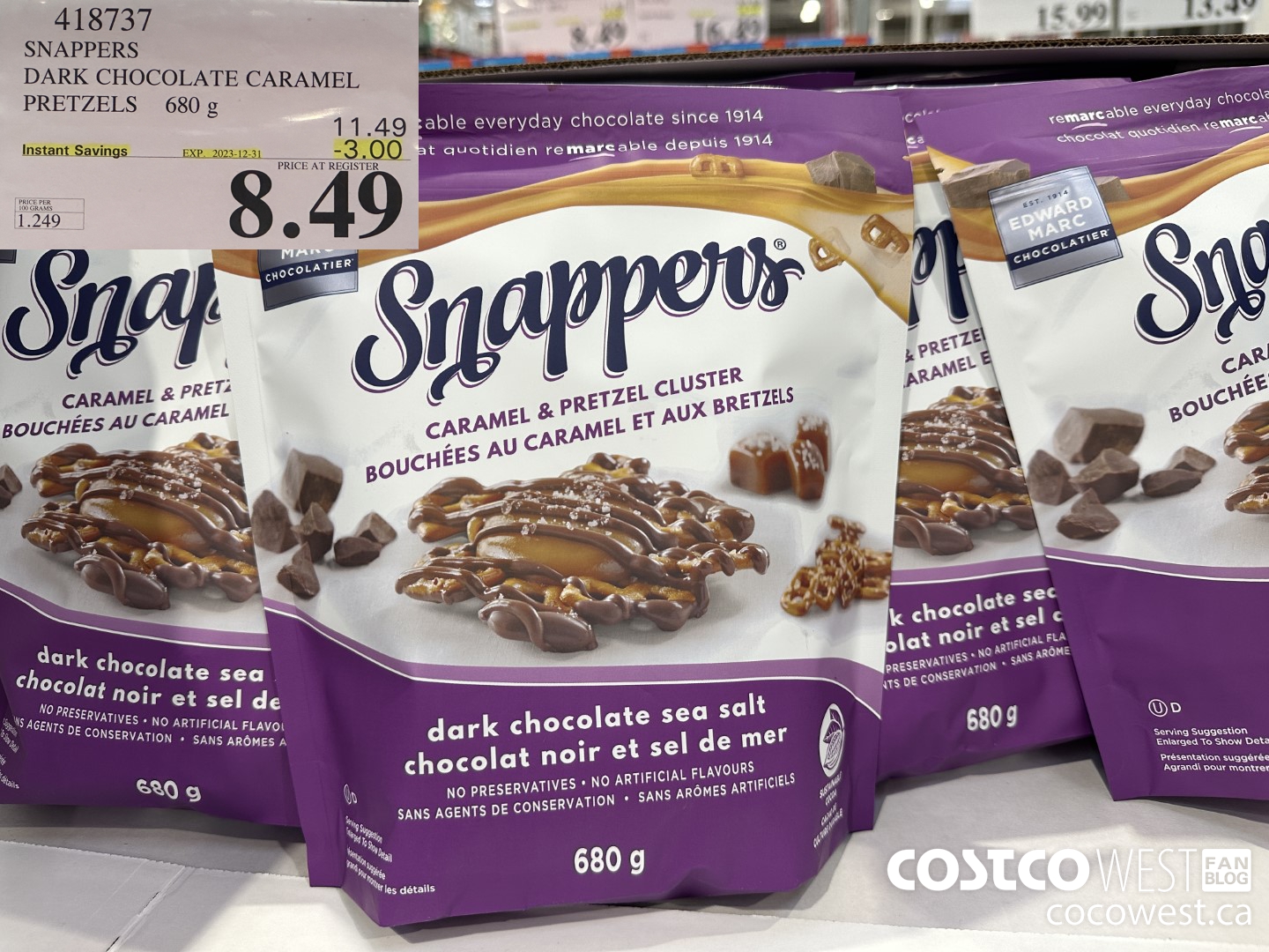 418737 SNAPPERS DARK CHOCOLATE CARAMEL PRETZELS 680 g ($3.00 INSTANT SAVINGS EXPIRES ON 2023-12-31) $8.49