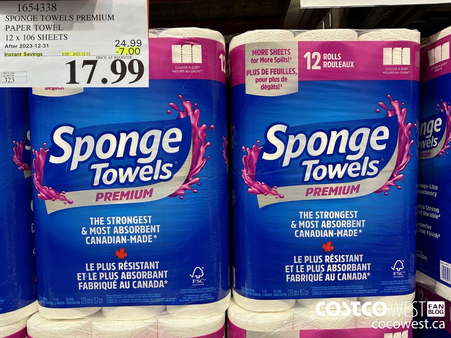 1654338 SPONGE TOWELS PREMIUM PAPER TOWEL 12 X 106 SHEETS ($7.00 INSTANT SAVINGS EXPIRES ON 2023-12-31) $17.99