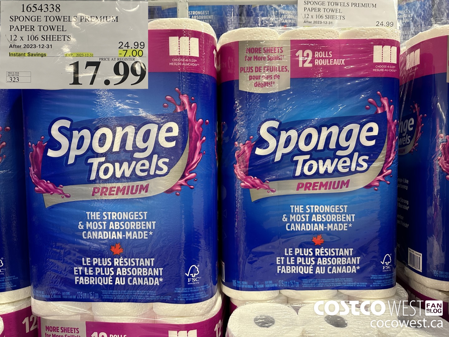 1654338 SPONGE TOWELS PREMIUM PAPER TOWEL 12 X 106 SHEETS ($7.00 INSTANT SAVINGS EXPIRES ON 2023-12-31) $17.99