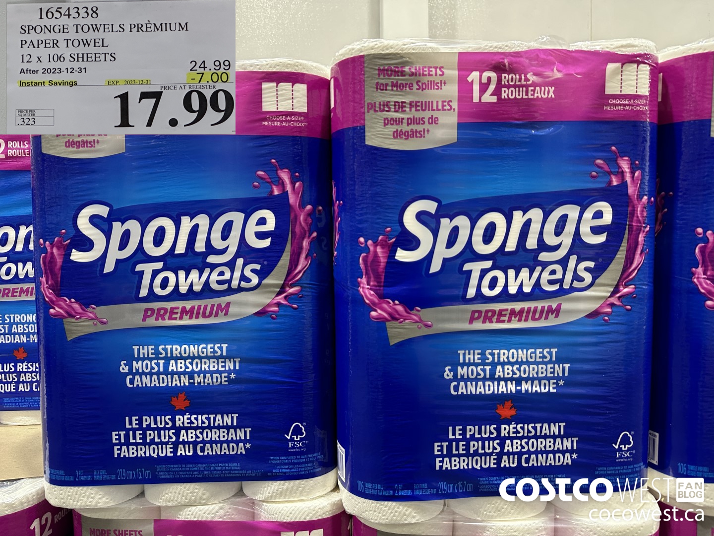 1654338 SPONGE TOWELS PREMIUM PAPER TOWEL 12 X 106 SHEETS ($7.00 INSTANT SAVINGS EXPIRES ON 2023-12-31) $17.99