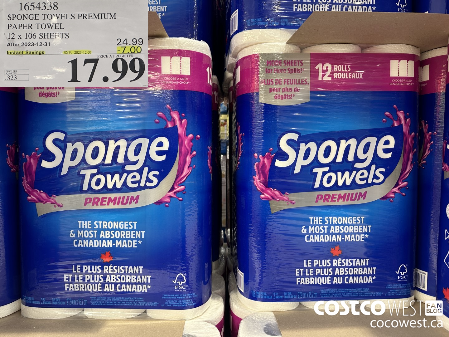 1654338 SPONGE TOWELS PREMIUM PAPER TOWEL 12 X 106 SHEETS ($7.00 INSTANT SAVINGS EXPIRES ON 2023-12-31) $17.99