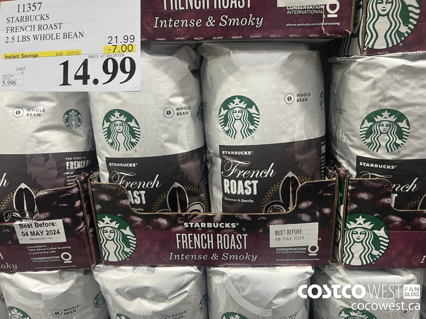 11357 STARBUCKS FRENCH ROAST 2.5 LBS WHOLE BEAN ($7.00 INSTANT SAVINGS EXPIRES ON 2023-12-27) $14.99