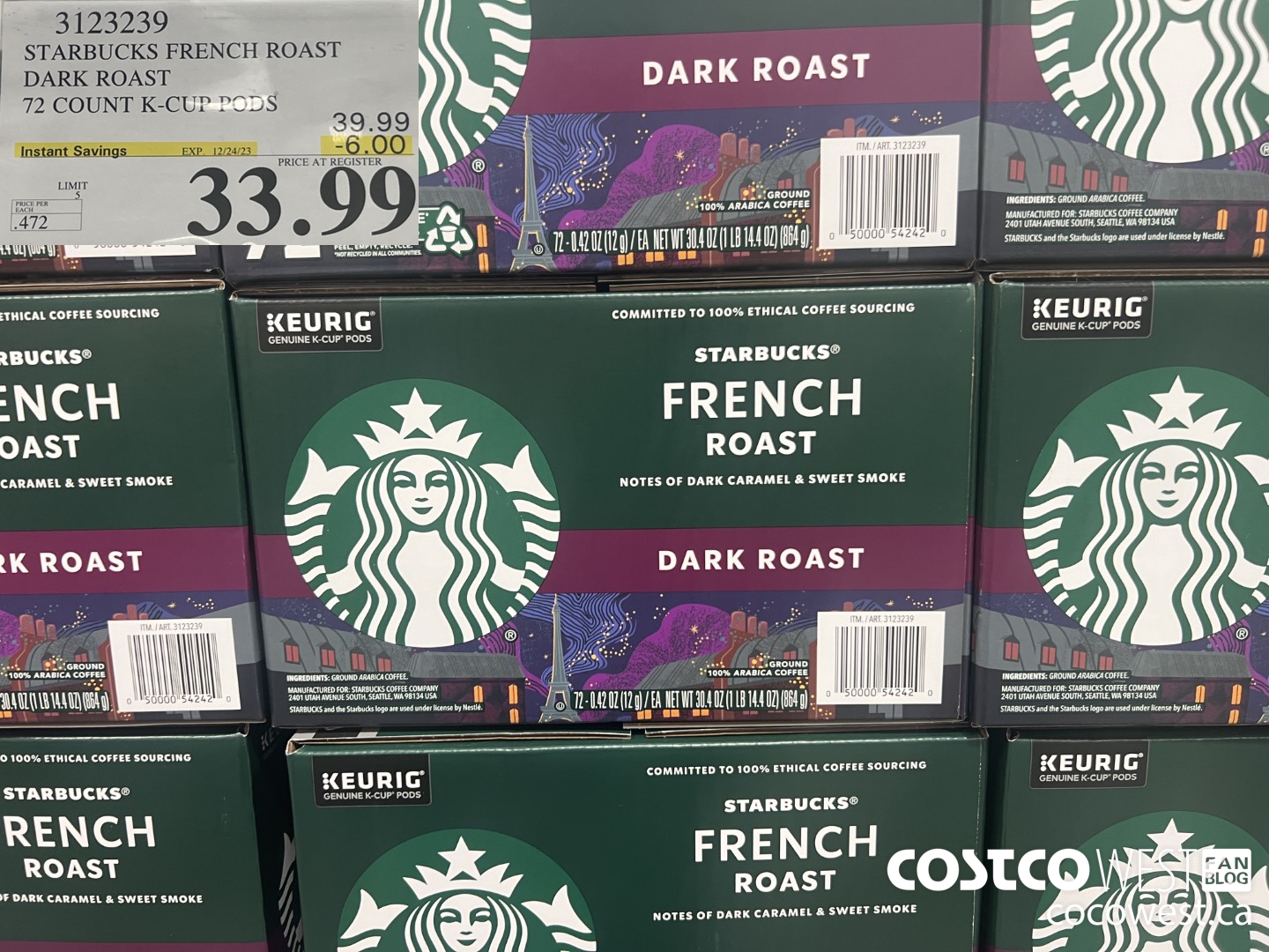 3123239 STARBUCKS FRENCH ROAST DARK ROAST 72 COUNT K-CUP PODS ($6.00 INSTANT SAVINGS EXPIRES ON 2023-12-24) $33.99