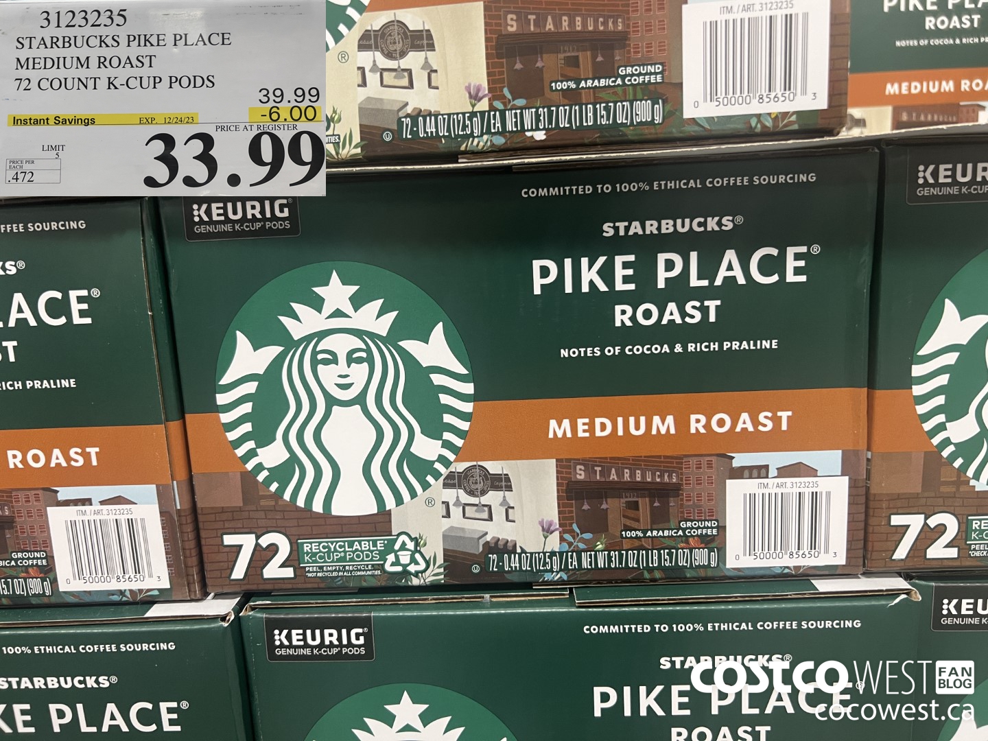 3123235 STARBUCKS PIKE PLACE MEDIUM ROAST 72 COUNT K-CUP PODS ($6.00 INSTANT SAVINGS EXPIRES ON 2023-12-24) $33.99