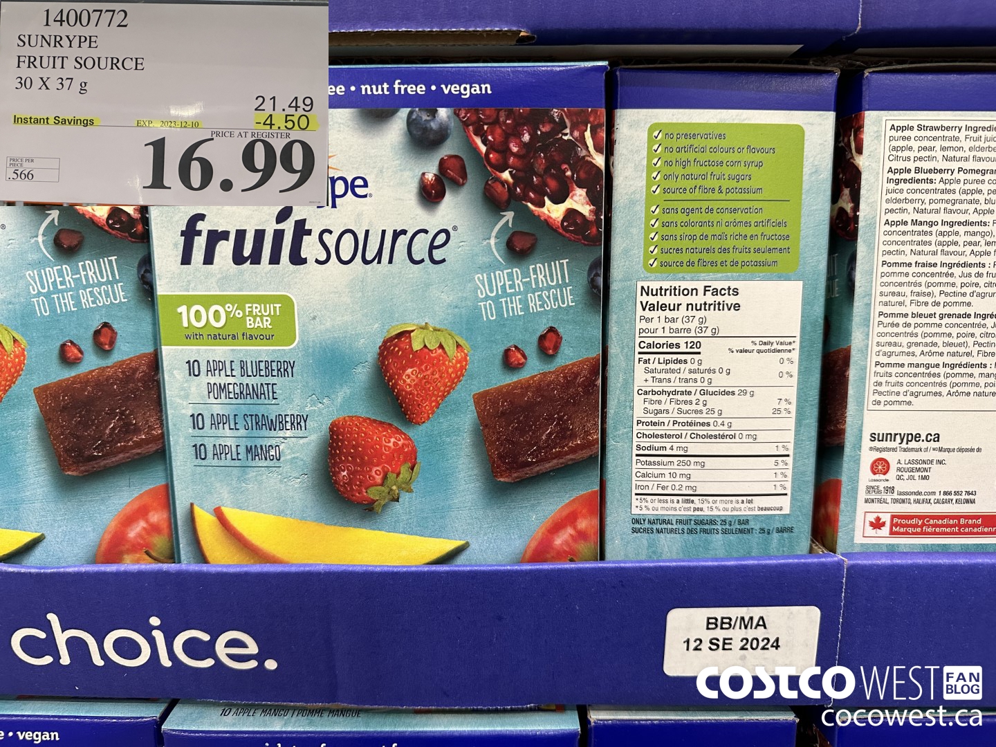 1400772 SUNRYPE FRUIT SOURCE 30 X 37 G ($4.50 INSTANT SAVINGS EXPIRES ON 2023-12-10) $16.99