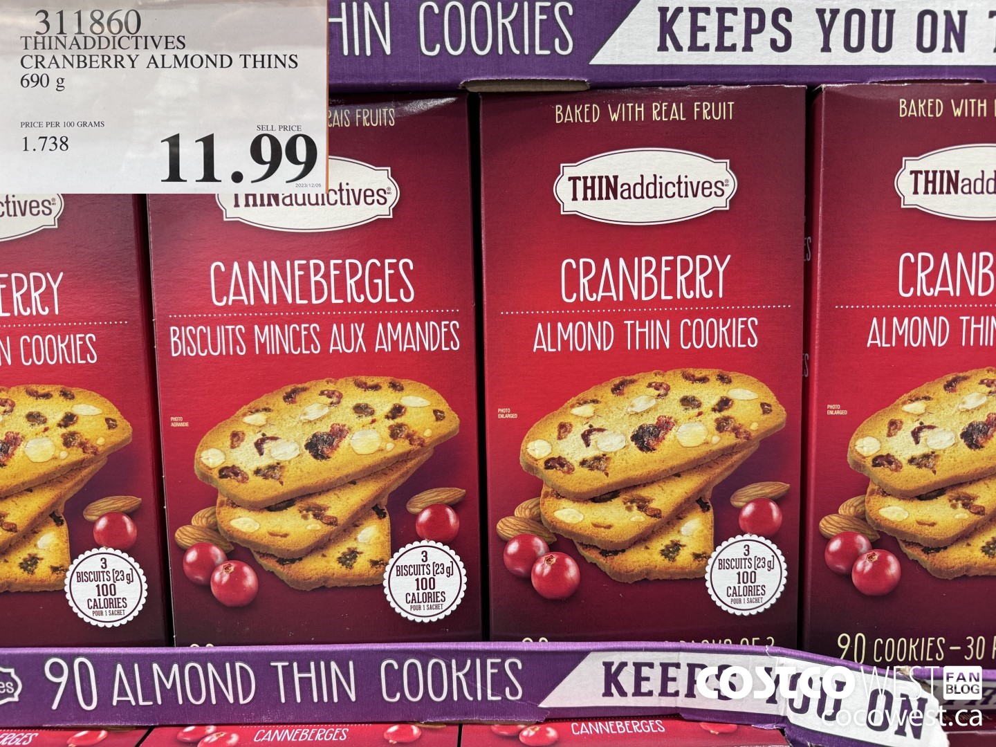 311860 THINADDICTIVES CRANBERRY ALMOND THINS 690G $11.99