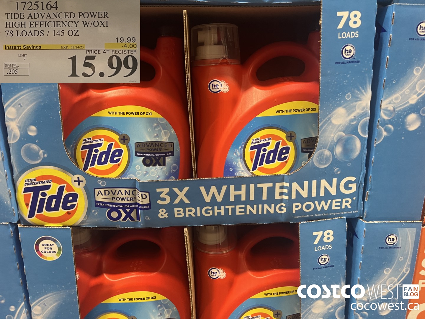 1725164 TIDE ADVANCED POWER HIGH EFFICIENCY W/OXI 78 LOADS / 145 OZ ($4.00 INSTANT SAVINGS EXPIRES ON 2023-12-24) $15.99