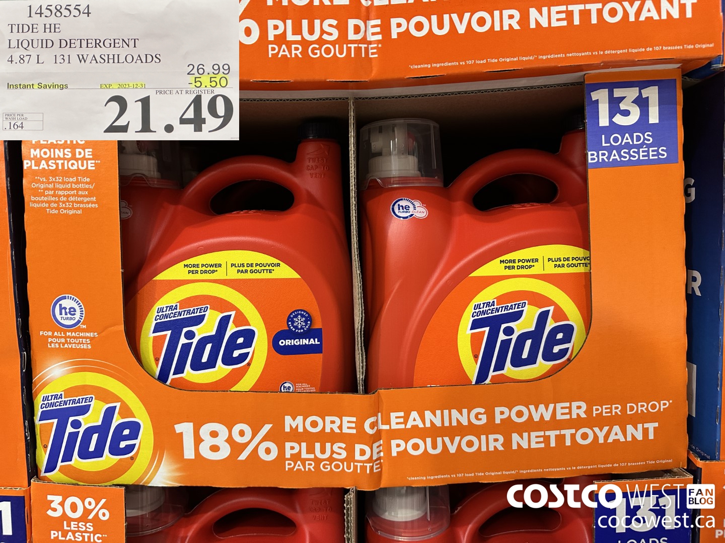 1458554 TIDE HE LIQUID DETERGENT 4.87 L 131 WASHLOADS ($5.50 INSTANT SAVINGS EXPIRES ON 2023-12-31) $21.49