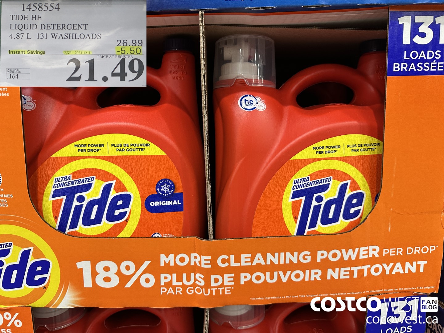 1458554 TIDE HE LIQUID DETERGENT 4.87 L 131 WASHLOADS ($5.50 INSTANT SAVINGS EXPIRES ON 2023-12-31) $21.49