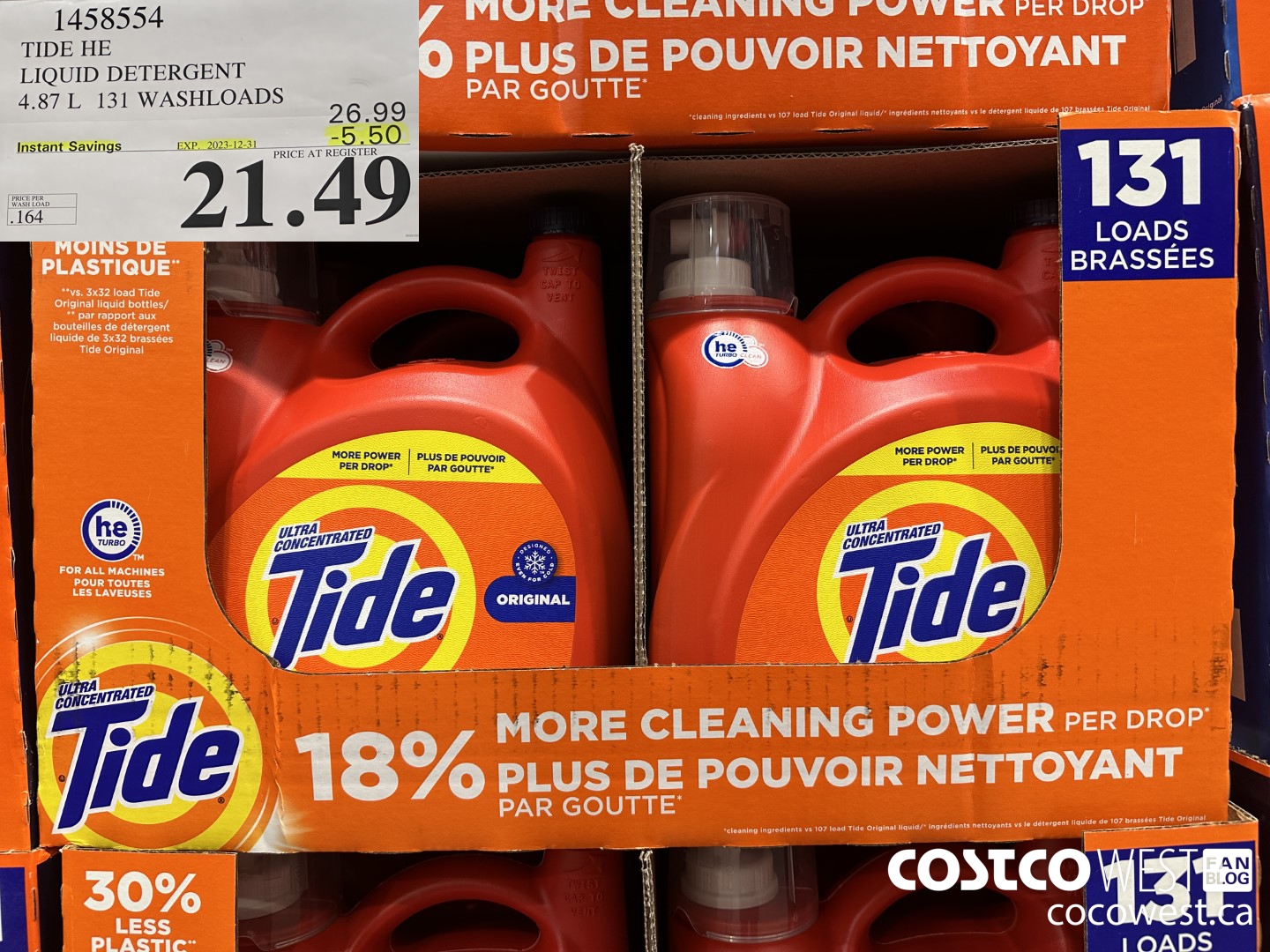 1458554 TIDE HE LIQUID DETERGENT 4.87 L 131 WASHLOADS ($5.50 INSTANT SAVINGS EXPIRES ON 2023-12-31) $21.49