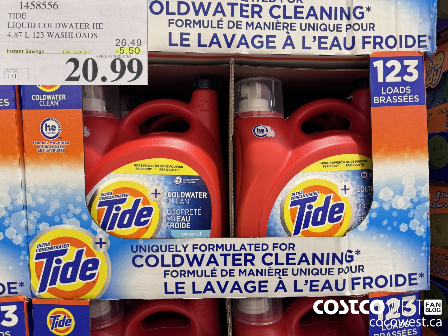 1458556 TIDE LIQUID COLDWATER HE 4.78 L 123 WASHLOADS  ($5.50 INSTANT SAVINGS EXPIRES ON 2023-12-17) $20.99