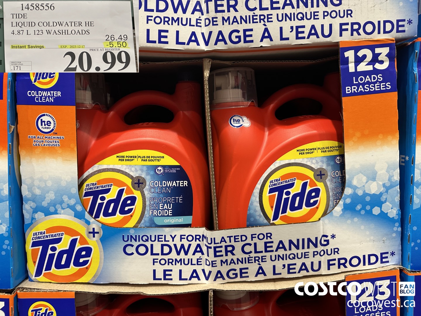 1458556 TIDE LIQUID COLDWATER HE 4.78 L 123 WASHLOADS  ($5.50 INSTANT SAVINGS EXPIRES ON 2023-12-17) $20.99