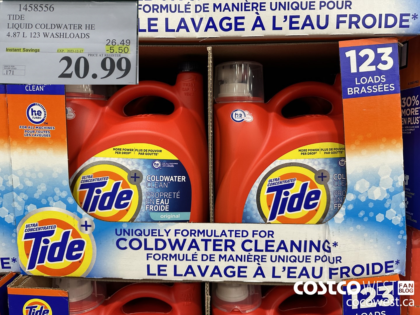 1458556 TIDE LIQUID COLDWATER HE 4.78 L 123 WASHLOADS  ($5.50 INSTANT SAVINGS EXPIRES ON 2023-12-17) $20.99