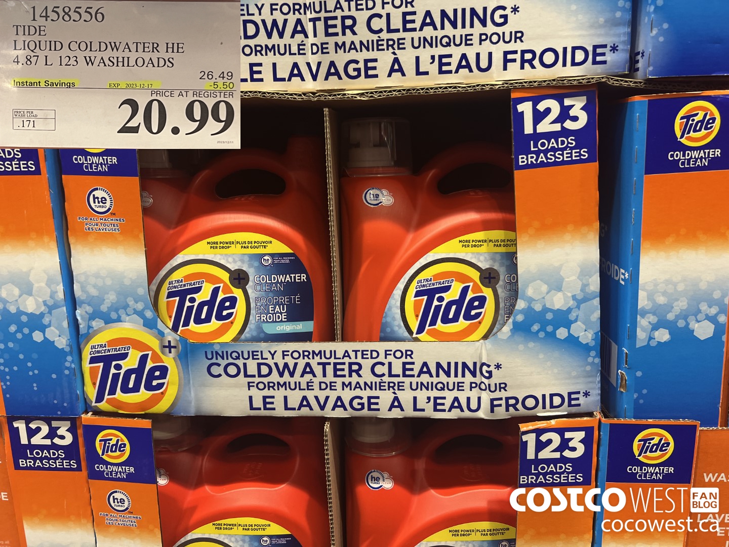 1458556 TIDE LIQUID COLDWATER HE 4.78 L 123 WASHLOADS  ($5.50 INSTANT SAVINGS EXPIRES ON 2023-12-17) $20.99