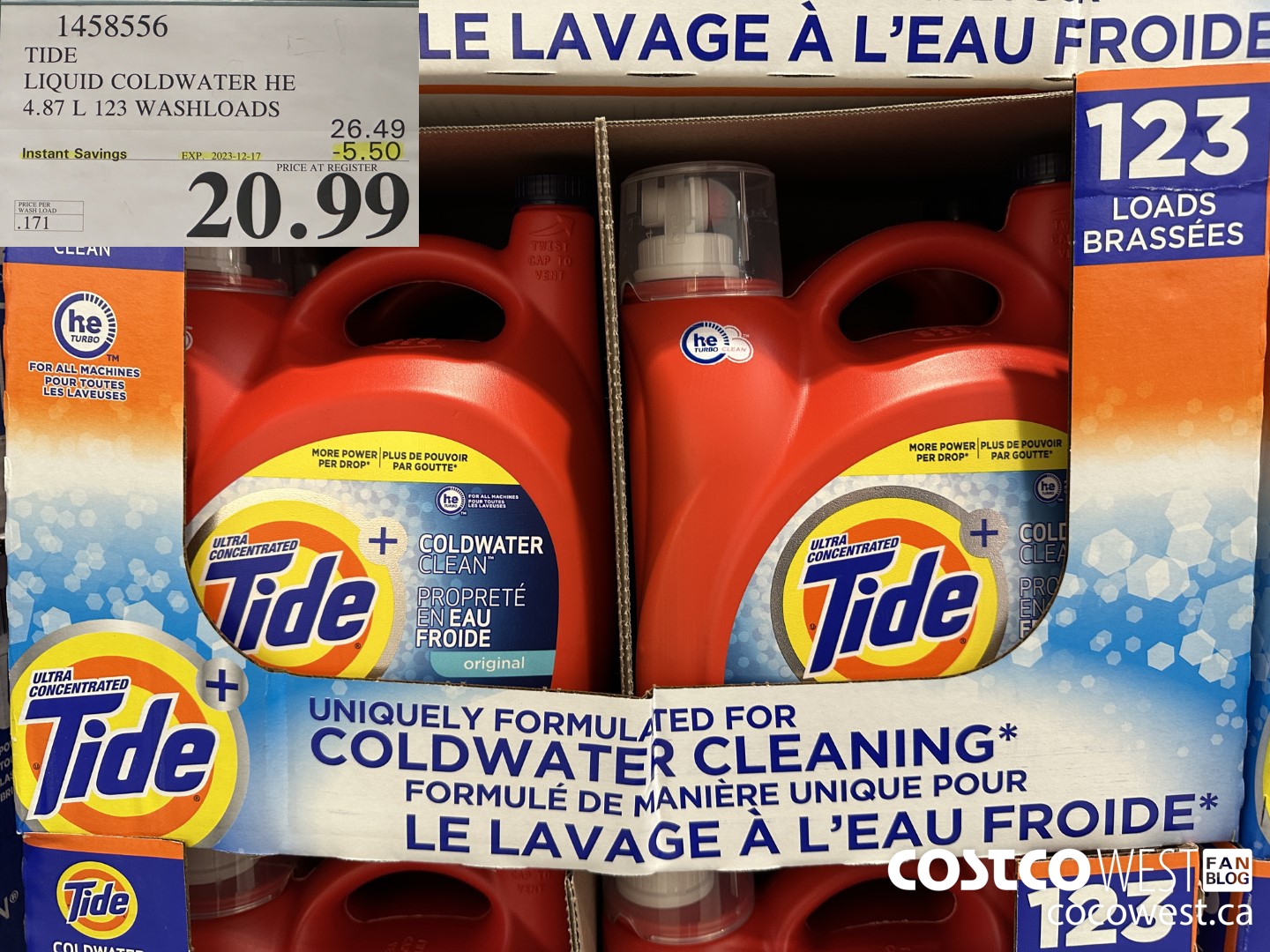 1458556 TIDE LIQUID COLDWATER HE 4.78 L 123 WASHLOADS  ($5.50 INSTANT SAVINGS EXPIRES ON 2023-12-17) $20.99