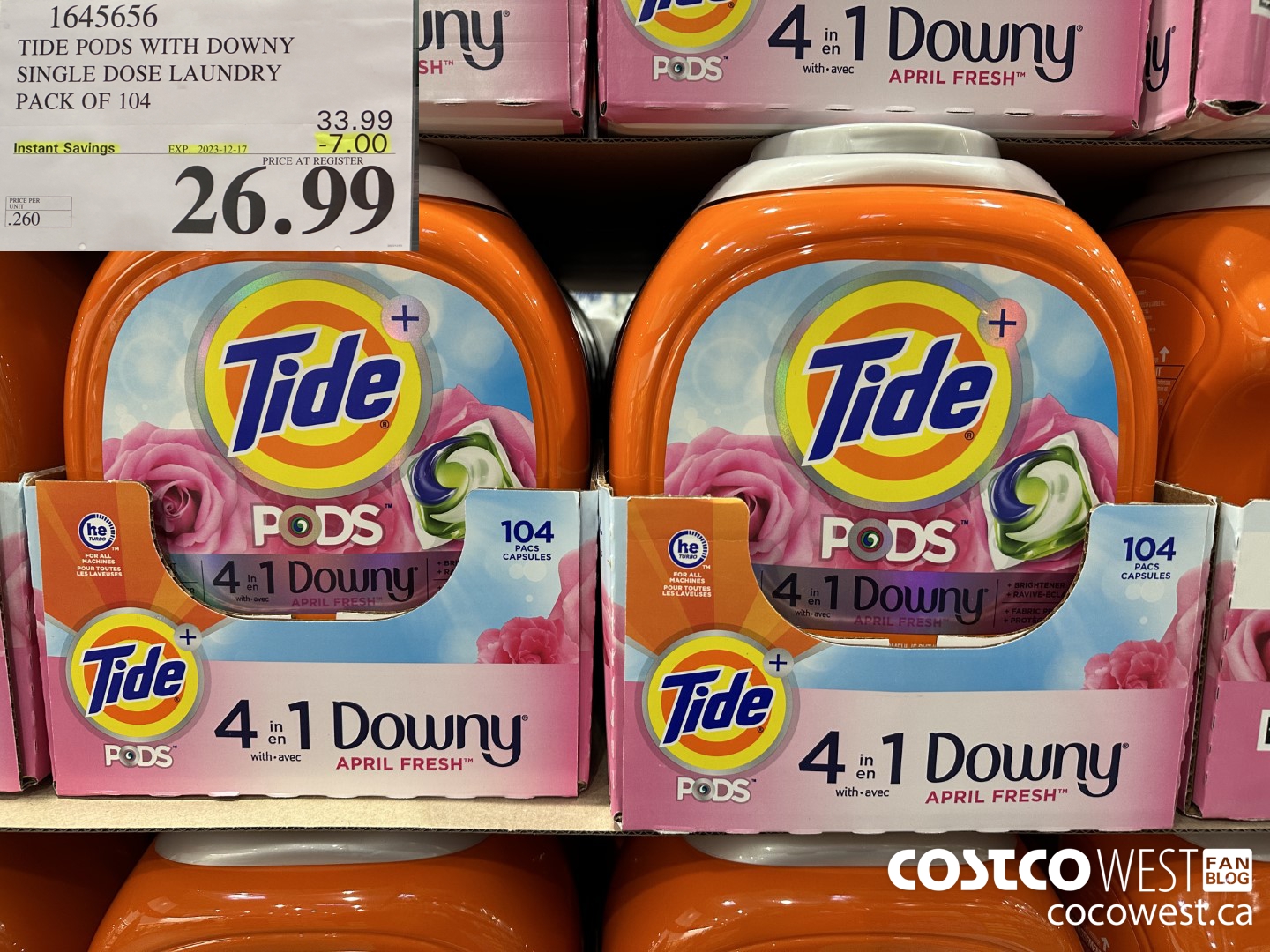 1645656 TIDE PODS WITH DOWNY SINGLE DOSE LAUNDRY 104 PACS ($7.00 INSTANT SAVINGS EXPIRES ON 2023-12-17) $26.99