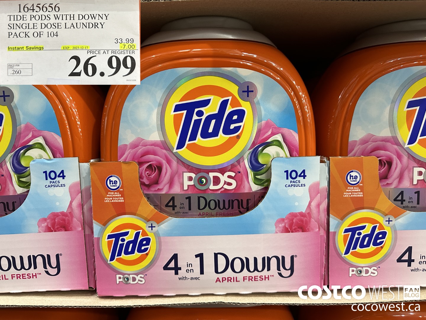 1645656 TIDE PODS WITH DOWNY SINGLE DOSE LAUNDRY 104 PACS ($7.00 INSTANT SAVINGS EXPIRES ON 2023-12-17) $26.99
