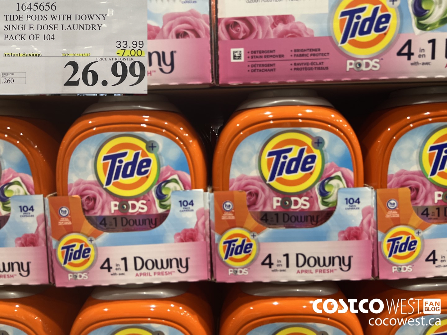1645656 TIDE PODS WITH DOWNY SINGLE DOSE LAUNDRY 104 PACS ($7.00 INSTANT SAVINGS EXPIRES ON 2023-12-17) $26.99