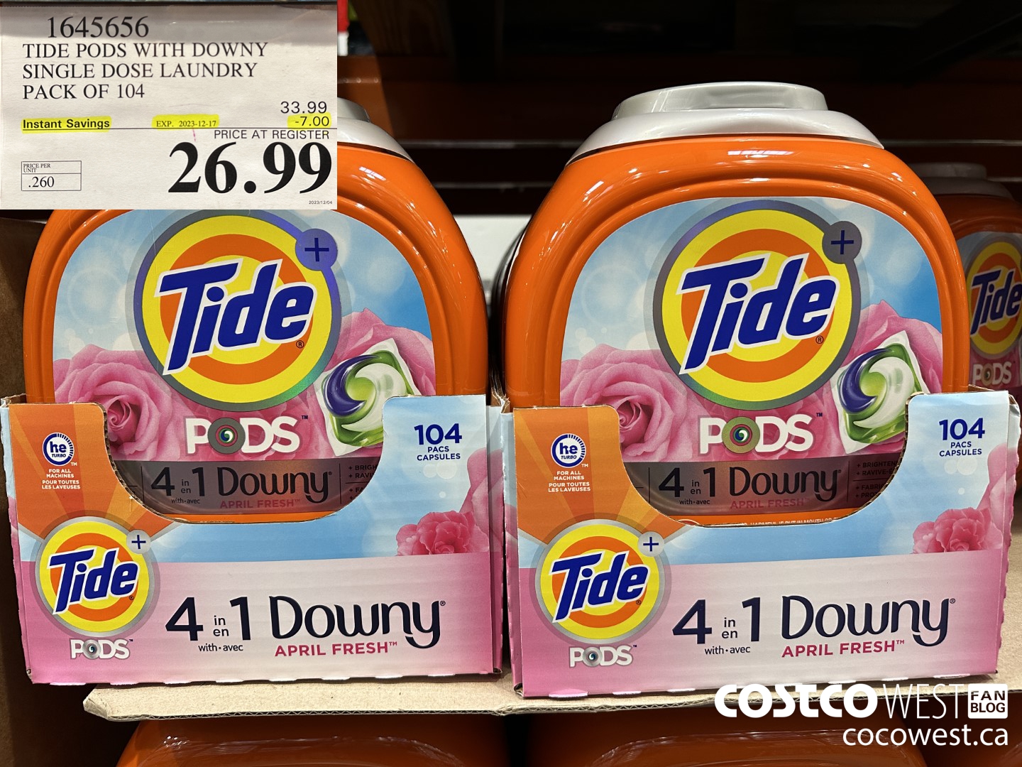 1645656 TIDE PODS WITH DOWNY SINGLE DOSE LAUNDRY 104 PACS ($7.00 INSTANT SAVINGS EXPIRES ON 2023-12-17) $26.99