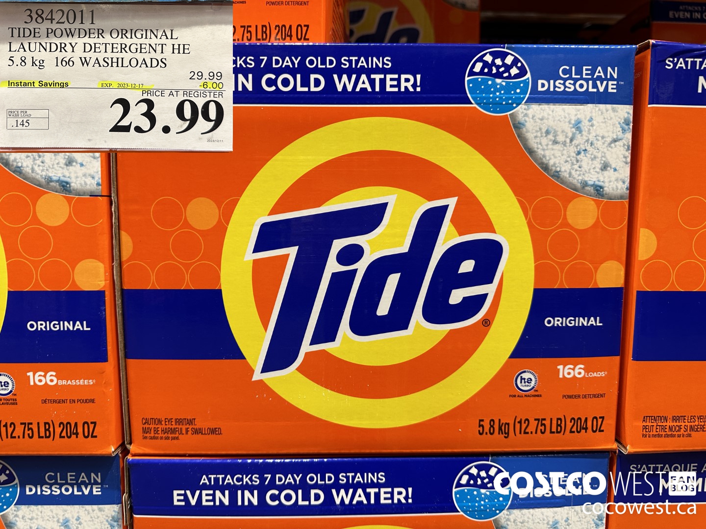 3842011 TIDE POWDER ORIGINAL LAUNDRY DETERGENT HE 5.8KG 166 WASHLOADS ($6.00 INSTANT SAVINGS EXPIRES ON 2023-12-17) $23.99