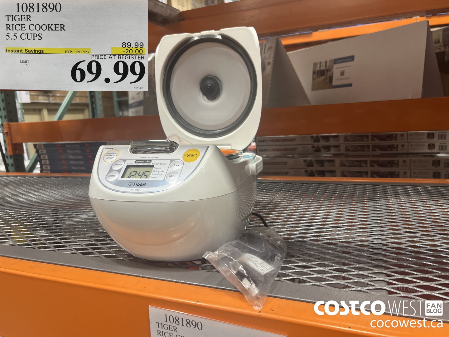 1081890 TIGER RICE COOKER 5.5 CUPS ($20.00 INSTANT SAVINGS EXPIRES ON 2023-12-17) $69.99