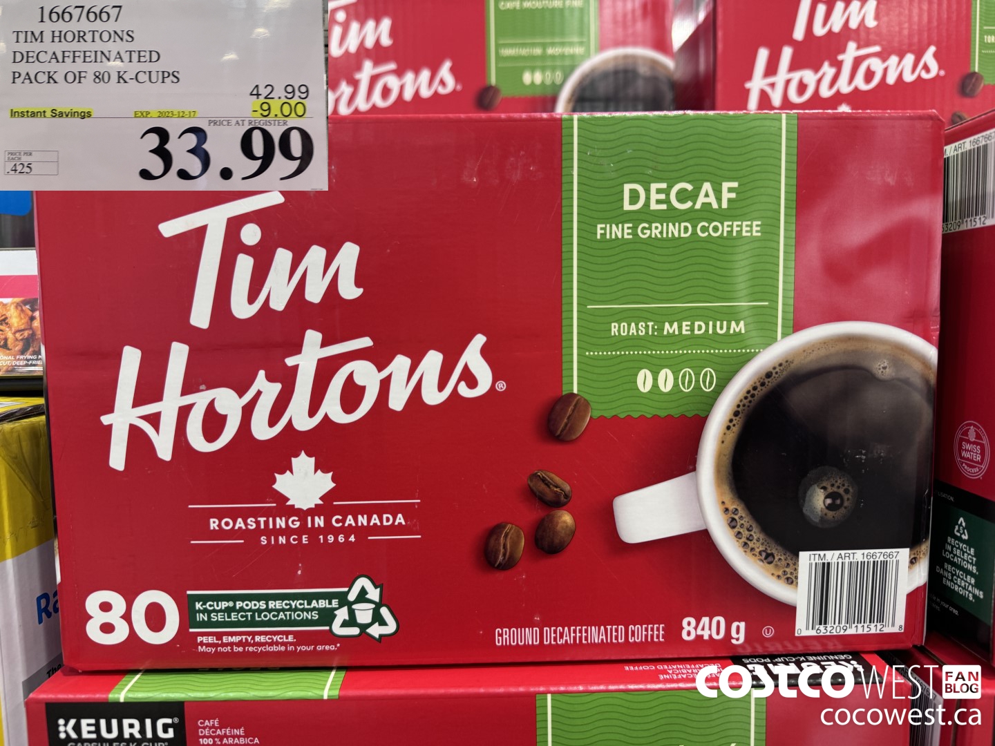 1667667 TIM HORTONS DECAFFEINATED K-CUPS 80 COUNT ($9.00 INSTANT SAVINGS EXPIRES ON 2023-12-17) $33.99